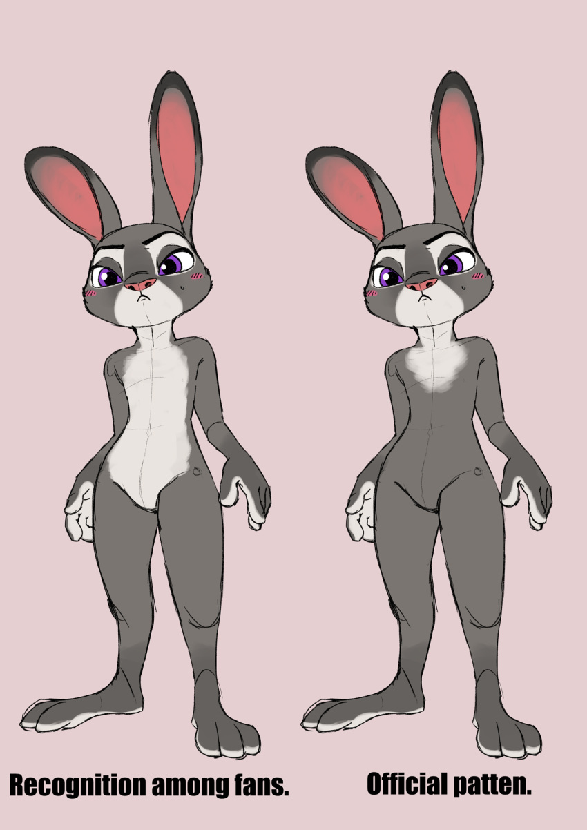 anthro blush bodily_fluids canon_conforming_body_shape comparison disney embarrassed english_text featureless_crotch female flat_chested frown fur grey_body grey_fur hi_res judy_hopps lagomorph leporid mammal model_sheet purple_eyes rabbit simple_background solo standing sweat sweatdrop text thick_thighs white_body white_fur zigrock001 zootopia