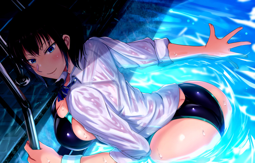 ass black_hair blue_eyes blue_one-piece_swimsuit blush breaking breasts butt_crack competition_swimsuit enomoto_ryouka female from_behind happy huge_ass large_breasts looking_back neck_ribbon one-piece_swimsuit open_clothes open_shirt partially_submerged pool pool_ladder poolside ribbon ripples shadow shirt short_hair smile solo summer_shattering swimsuit tomboy water wet wet_clothes wet_shirt wide_hips zigu1121