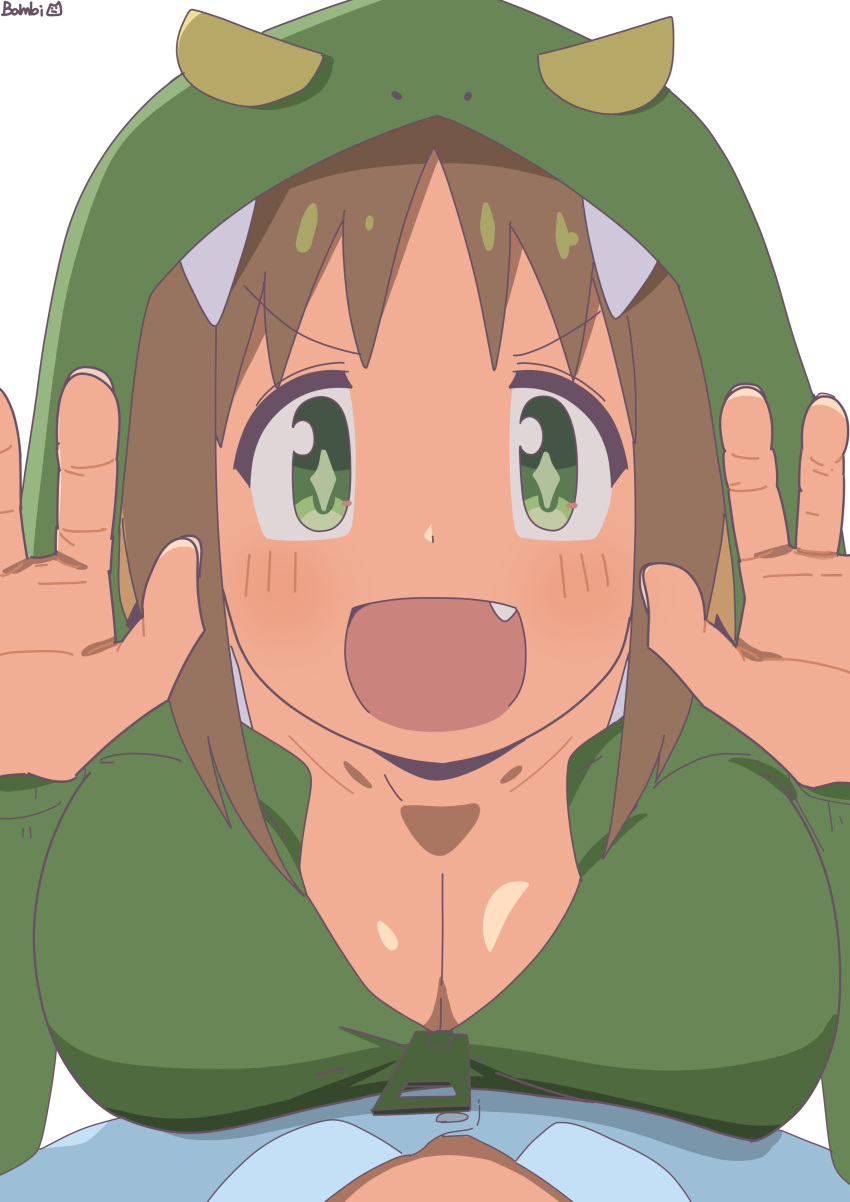 1boy :d absurdres aged_up alternate_breast_size artist_name bambi2000line breasts brown_hair cleavage commentary cowgirl_position diamond-shaped_pupils diamond_(shape) dinosaur_hood female green_eyes hands_up highres hood hood_up large_breasts looking_at_viewer lying_on_person oerba_yun_fang oka_asahi onii-chan_wa_oshimai! open_mouth pov simple_background smile solo_focus symbol-shaped_pupils white_background zipper_pull_tab