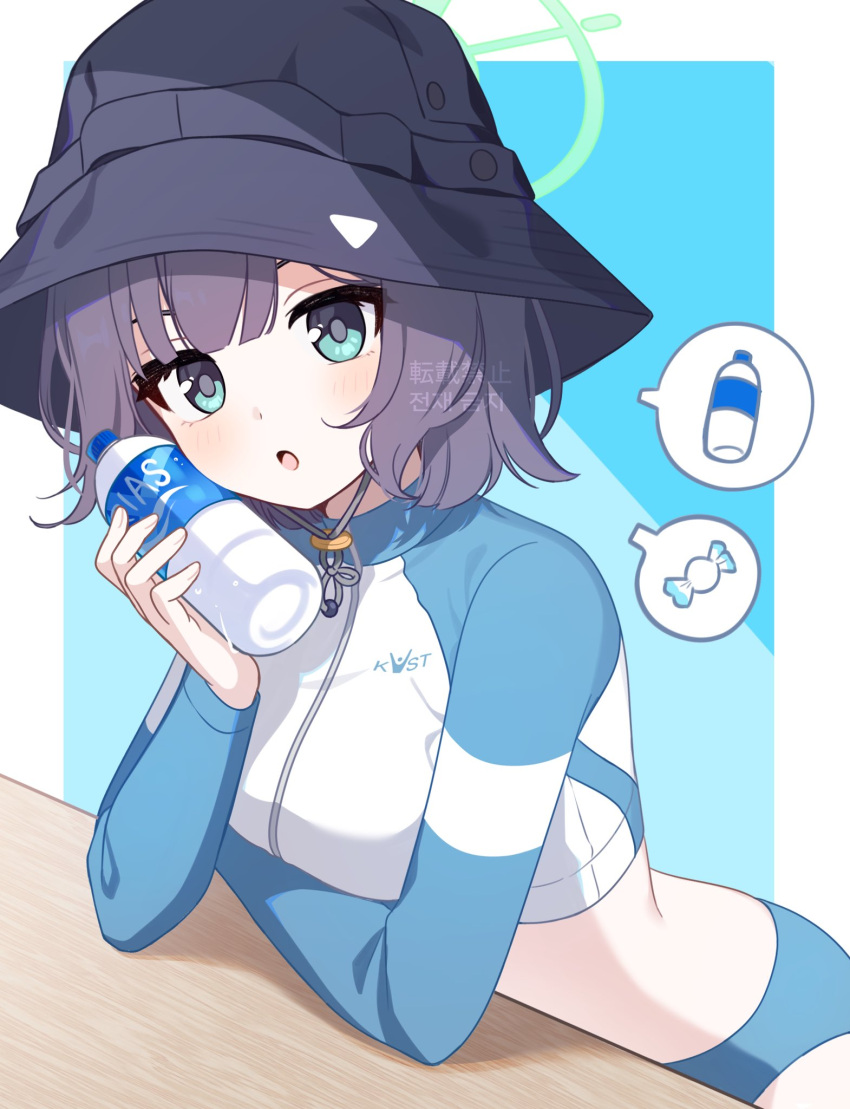 blue_archive blue_background bottle breasts drink female green_eyes green_halo hair_between_eyes halo hat highres holding holding_bottle holding_drink hyakucha large_breasts looking_at_viewer medium_hair official_alternate_costume purple_hair saki_(blue_archive) saki_(swimsuit)_(blue_archive) solo thighs three-toned_background white_background