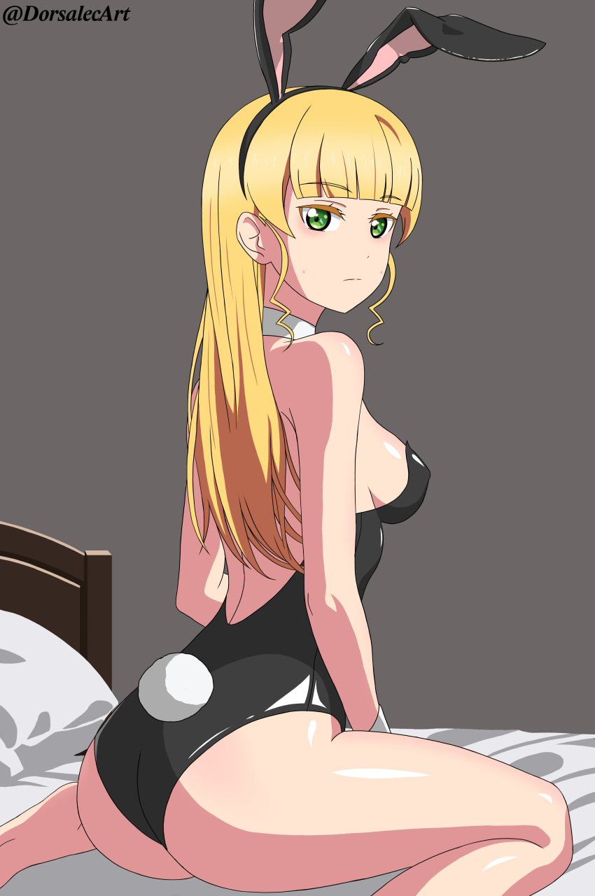 absurdres animal_ears backless_leotard bare_legs bare_shoulders black_hairband black_leotard blonde_hair blunt_bangs breasts closed_mouth dorsalecart fake_animal_ears female from_behind green_eyes grey_background hairband heanna_sumire highres leotard long_hair love_live! love_live!_superstar!! medium_breasts rabbit_ears sideboob sitting solo straight_hair strapless strapless_leotard sweatdrop twitter_username wariza