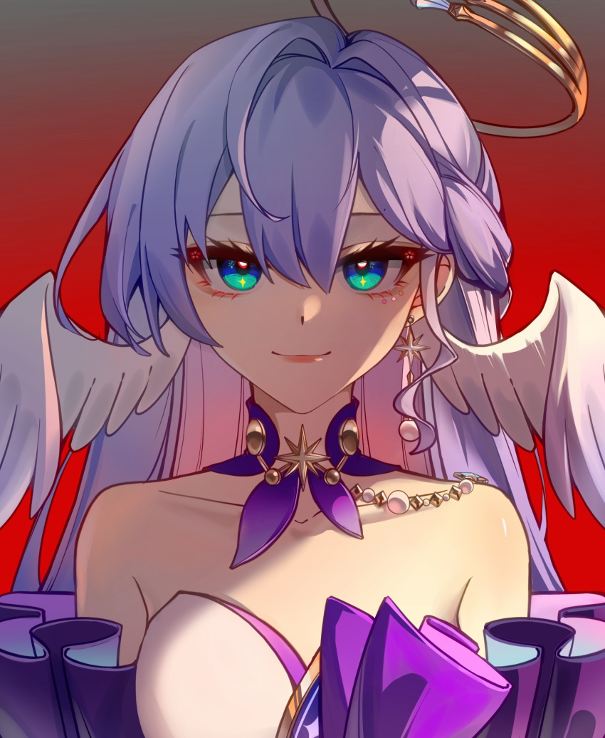 bare_shoulders blue_eyes breasts chinese_commentary collar collarbone commentary_request detached_collar detached_sleeves earrings female hair_between_eyes halo head_wings highres honkai:_star_rail honkai_(series) jewelry large_breasts long_hair looking_at_viewer portrait purple_collar purple_hair purple_sleeves red_background robin_(honkai:_star_rail) simple_background slowfrost solo straight-on wings