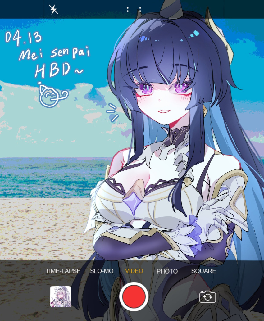 armor beach blue_pupils blue_sky breasts cellphone_photo character_name cleavage colored_inner_hair commentary_request dated day dduehddueh gold_headwear highres honkai_(series) honkai_impact_3rd kiana_kaslana kiana_kaslana_(herrscher_of_finality) korean_commentary large_breasts long_hair looking_at_viewer multicolored_hair ocean outdoors parted_lips purple_eyes purple_hair raiden_mei raiden_mei_(herrscher_of_origin) sky smile taking_picture teeth upper_body white_armor