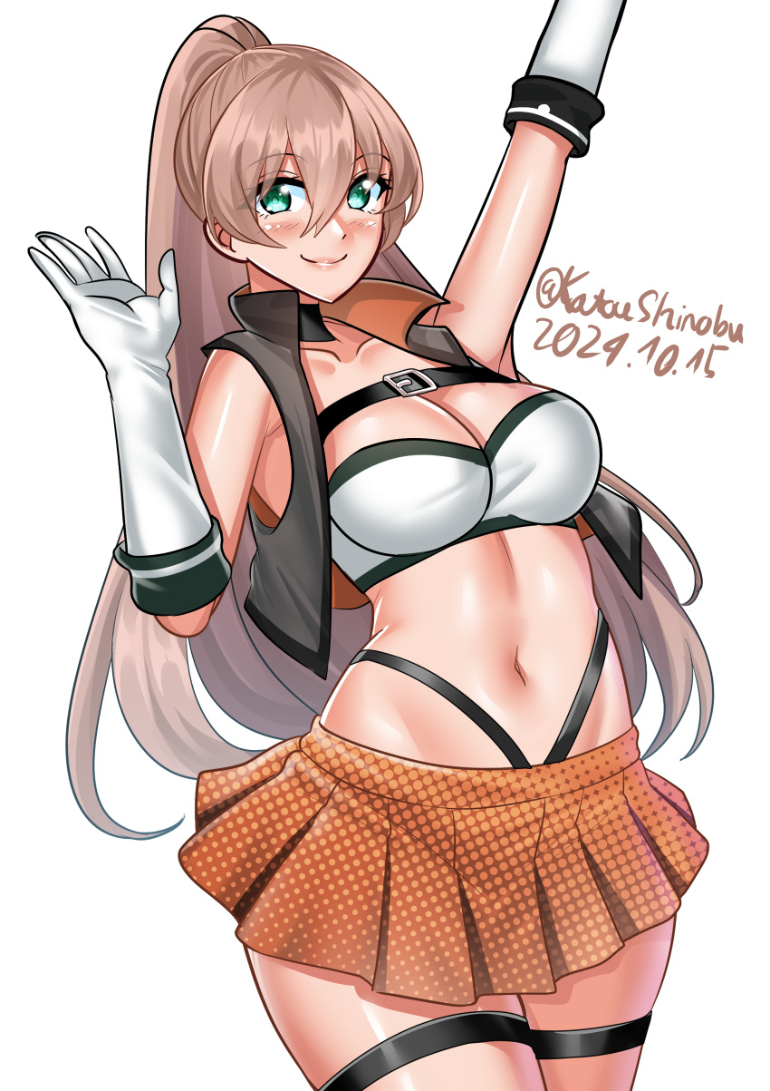 absurdres alternate_costume arm_up breasts brown_eyes cleavage cowboy_shot dated female gloves green_eyes hair_between_eyes highres kantai_collection katou_shinobu kumano_(kancolle) large_breasts lips long_hair navel orange_skirt parted_bangs pleated_skirt race_queen simple_background skirt smile solo twitter_username waving white_background white_gloves