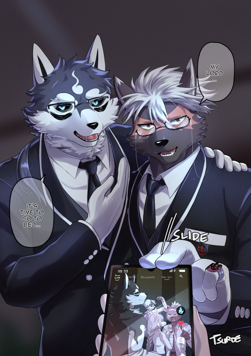 absurd_res anthro black_body black_fur black_sclera blazer blue_eyes brown_body brown_fur canid canine canis cellphone chuurow clothing domestic_dog duo electronics english_text eyewear first_person_view fur glasses hair hi_res lifewonders looking_at_viewer male mammal masanori_(tas) necktie phone red_eyes shirt smartphone speech_bubble suit tadatomo_(tas) text tokyo_afterschool_summoners topwear white_body white_fur white_hair