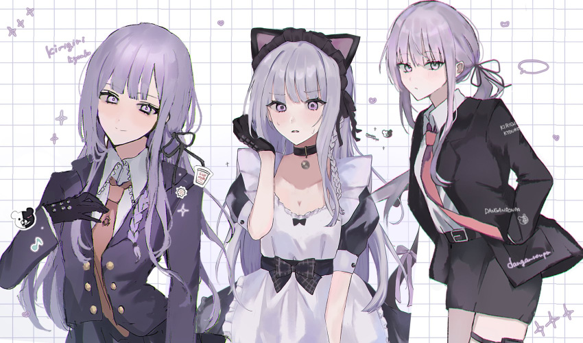 alternate_costume animal_ears black_choker black_gloves black_ribbon black_skirt braid brown_necktie cat_ears character_name choker collarbone collared_shirt danganronpa:_trigger_happy_havoc danganronpa_(series) danganronpa_3_(anime) enmaided fake_animal_ears female gloves hair_ribbon hand_up highres jacket long_hair long_sleeves maid maid_headdress monokuma multiple_views necktie parted_lips pencil_skirt pink_eyes pink_hair ponytail puffy_short_sleeves puffy_sleeves purple_jacket ribbon shima_(fm_90mhz) shirt short_sleeves side_braid skirt smile teeth white_background