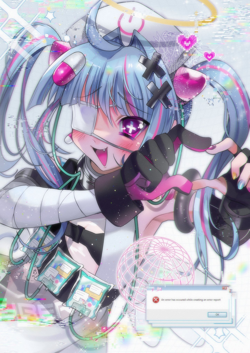 2000s_(style) :d black_bra black_gloves blue_hair blush bra breasts bright_pupils cleavage commentary commission cross-shaped_pupils cyber_fashion english_commentary error_message eyepatch female gleamyguts globe gloves hair_ornament halo hat heart heart_hands highres indie_virtual_youtuber intravenous_drip kkcyber long_hair looking_at_viewer microsoft_windows multicolored_hair nurse_cap oerba_yun_fang one_eye_covered open_mouth pill_hair_ornament pink_eyes pink_hair small_breasts smile solo streaked_hair symbol-shaped_pupils tank_top twintails underwear upper_body variant_set virtual_youtuber white_pupils white_tank_top window_(computing) windows_vista x_hair_ornament yami_kawaii