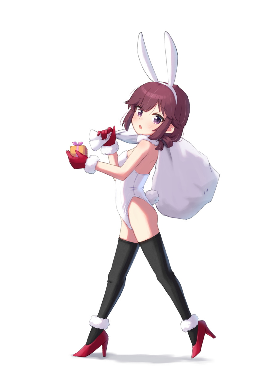 animal_ears black_thighhighs blush breasts brown_hair christmas christmas_present fake_animal_ears fake_tail female gift high_heels highres kuramoto_takato leotard looking_at_viewer machikado_mazoku open_mouth playboy_bunny purple_eyes rabbit_ears rabbit_tail short_hair simple_background small_breasts solo tail thighhighs white_background white_leotard yoshida_ryouko