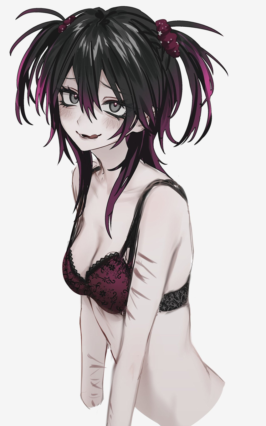 black_bra black_eyes black_hair blush bra breasts cleavage collarbone cropped_arms cropped_torso female grey_eyes hair_between_eyes hair_ornament highres imai_akira licking_lips looking_at_viewer medium_breasts medium_hair multicolored_hair oerba_yun_fang open_mouth original pink_hair purple_bra purple_hair scar scar_on_arm self-harm_scar simple_background skin_fang smile solo tongue tongue_out two-tone_hair two_side_up underwear upper_body white_background