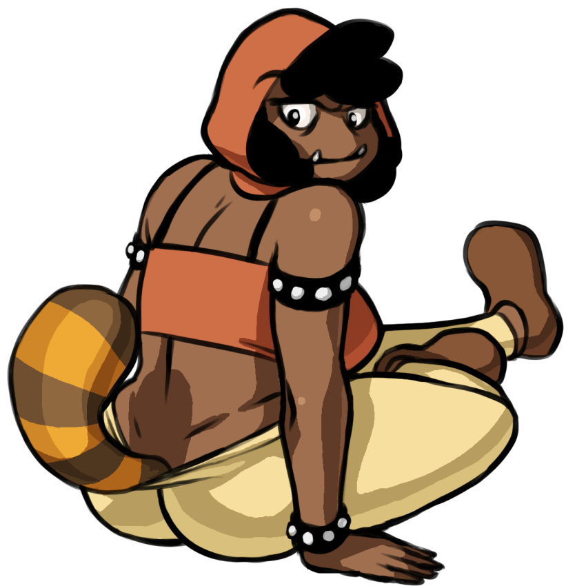 alpha_channel animal_tail ass big_butt black_eyes black_hair boots bottomwear bracelet breasts brown_body brown_boots brown_clothing brown_footwear brown_fur brown_hood brown_topwear clothing dark_body dark_skin eyelashes female footwear fur goomba hair hi_res humanoid jewelry looking_back mario_bros markings nintendo noseless orange_body orange_fur pants rear_view shoes simple_background sitting solo striped_markings striped_tail stripes studded_bracelet studded_jewelry studs tail tail_markings tailed_humanoid tan_bottomwear tan_clothing tan_pants topwear transparent_background tusks unknown_artist