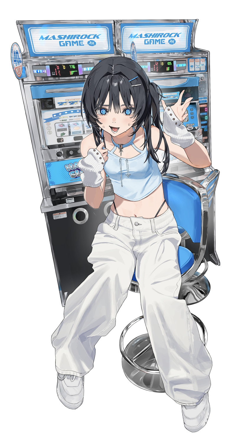 @_@ absurdres black_hair blue_eyes blue_shirt chair female hair_intakes highres long_hair mashiro_kta navel open_mouth original pants shirt side_ponytail simple_background sitting slot_machine solo sweat white_arm_warmers white_background white_footwear white_pants