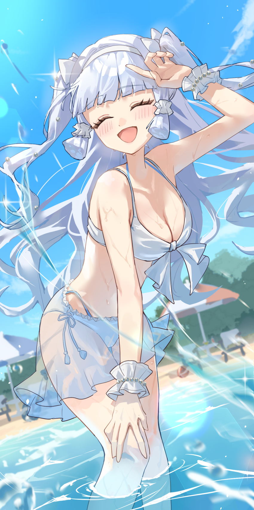 :d ^_^ alternate_hairstyle arm_up bare_shoulders beach bikini bikini_skirt blue_sky blunt_bangs blush bow breasts cleavage closed_eyes cloud collarbone commentary_request day feet_out_of_frame female genshin_impact hairband hairbow highres kamisato_ayaka long_hair miniskirt open_mouth outdoors see-through_clothes see-through_skirt sidelocks skirt sky smile solo standing stomach swimsuit tsukimori_mochi two_side_up wading water white_bikini white_bow white_hairband wrist_cuffs