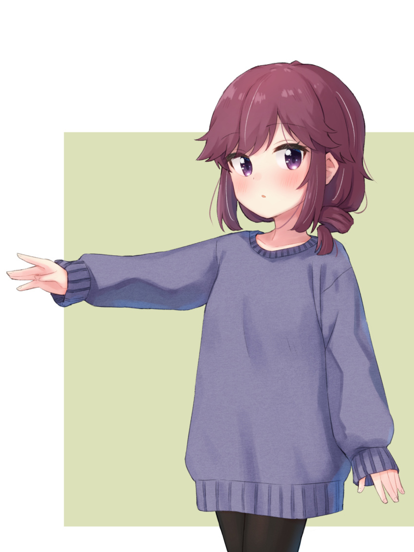 black_pantyhose blue_sweater blush brown_hair female green_pantyhose highres kuramoto_takato looking_at_viewer machikado_mazoku open_mouth pantyhose purple_eyes short_hair simple_background solo sweater yoshida_ryouko