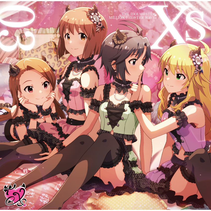 4girls antenna_hair black_choker black_eyes black_hair black_thighhighs blonde_hair blue_eyes breasts brown_eyes brown_hair choker closed_mouth earrings finger_to_another's_mouth frilled_skirt frills green_skirt hagiwara_yukiho highres horns hoshii_miki idolmaster idolmaster_(classic) idolmaster_million_live! idolmaster_million_live!_theater_days jewelry kikuchi_makoto long_hair minase_iori miniskirt multiple_girls pink_skirt polka_dot purple_skirt red_eyes short_hair sitting skirt small_breasts smile thighhighs zettai_ryouiki