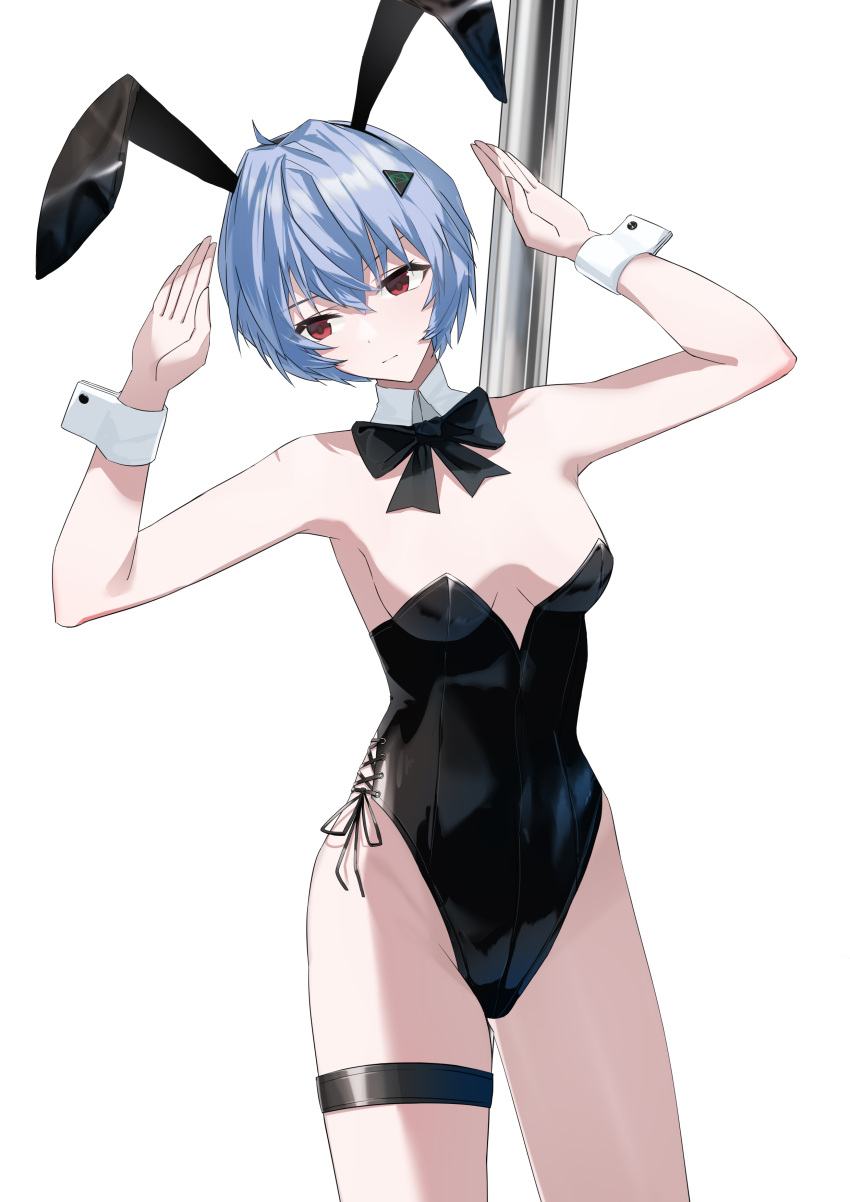 absurdres animal_ears ayanami_rei bare_legs black_bow black_bowtie black_leotard blue_hair bow bowtie breasts commentary detached_collar fake_animal_ears female highres leotard lilin_(pixiv_25958194) neon_genesis_evangelion playboy_bunny pole rabbit_ears red_eyes short_hair side-tie_leotard simple_background small_breasts solo strapless strapless_leotard stripper_pole thigh_strap white_background wrist_cuffs