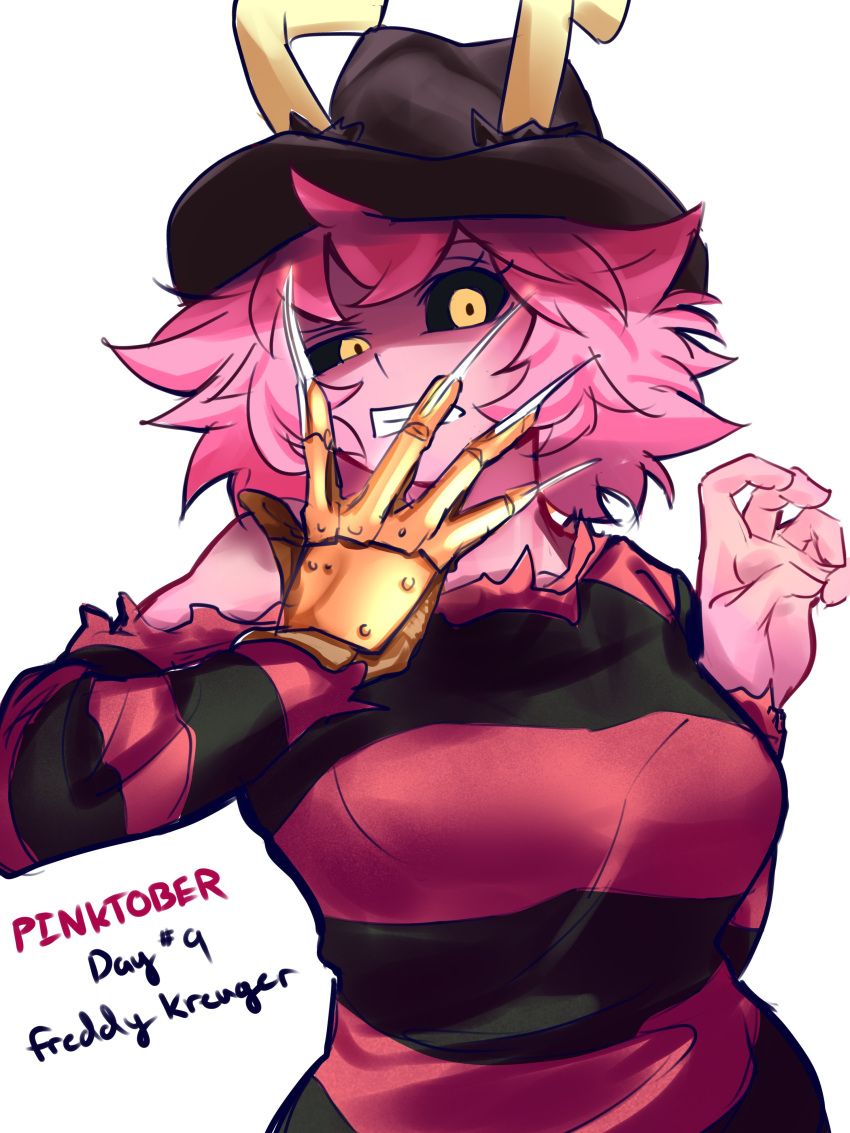 absurdres ashido_mina black_hat black_sclera black_shirt boku_no_hero_academia breasts claws clenched_teeth colored_sclera cosplay english_text female freddy_krueger freddy_krueger_(cosplay) hat hhholic highres large_breasts long_sleeves red_shirt shirt simple_background striped_clothes striped_shirt teeth upper_body yellow_eyes