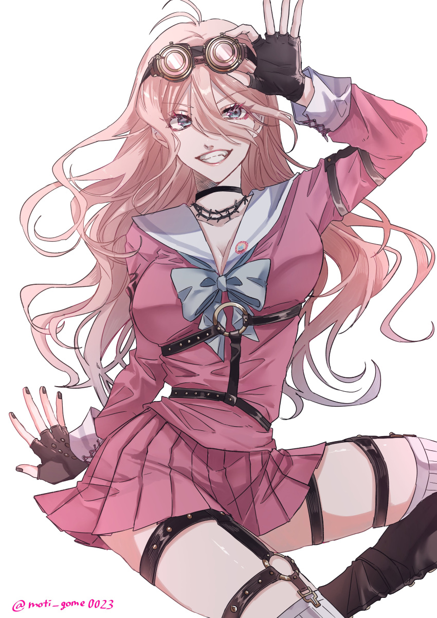 absurdres antenna_hair artist_name barbed_wire black_choker breasts brown_gloves choker danganronpa_(series) danganronpa_v3:_killing_harmony female fingerless_gloves gloves grin hair_between_eyes highres iruma_miu large_breasts miniskirt moti_gome0023 o-ring pink_shirt pleated_skirt sailor_collar shiny_skin shirt simple_background skirt smile solo teeth white_background white_sailor_collar