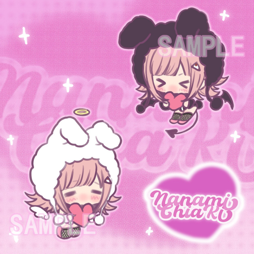 >_< angel animal_ears blush brown_hair danganronpa_(series) danganronpa_2:_goodbye_despair demon_girl fake_animal_ears female fishnet_thighhighs fishnets flipped_hair halo heart highres multiple_views mushroom021224 nanami_chiaki official_alternate_costume pink_background playboy_bunny rabbit_ears sample_watermark thighhighs watermark