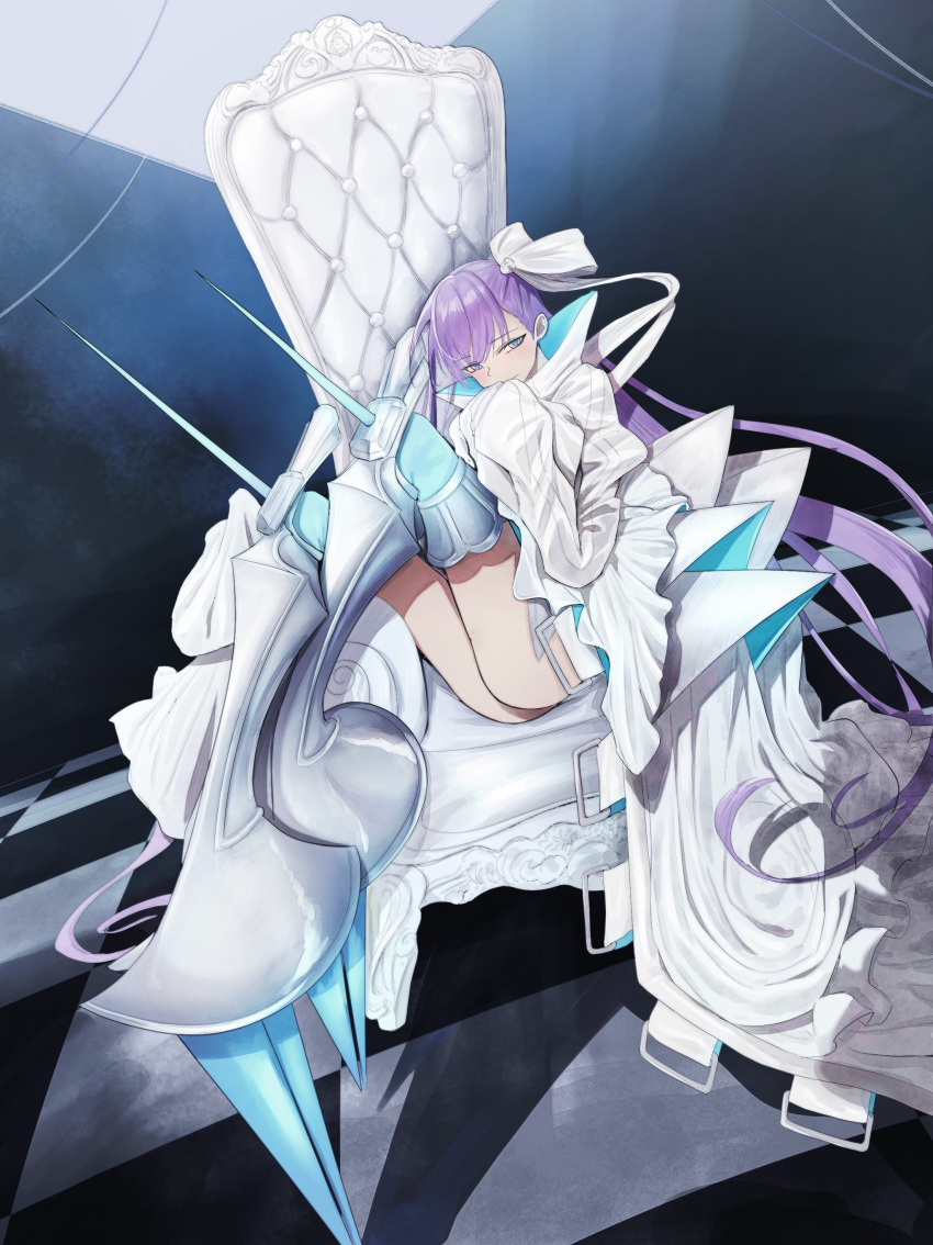 absurdres blue_eyes checkered_floor coat fate/grand_order fate_(series) female high_collar highres knee_spikes long_hair meltryllis_(fate) meltryllis_(third_ascension)_(fate) prosthesis prosthetic_leg purple_hair sleeves_past_fingers sleeves_past_wrists tatara_katsusan very_long_hair white_coat