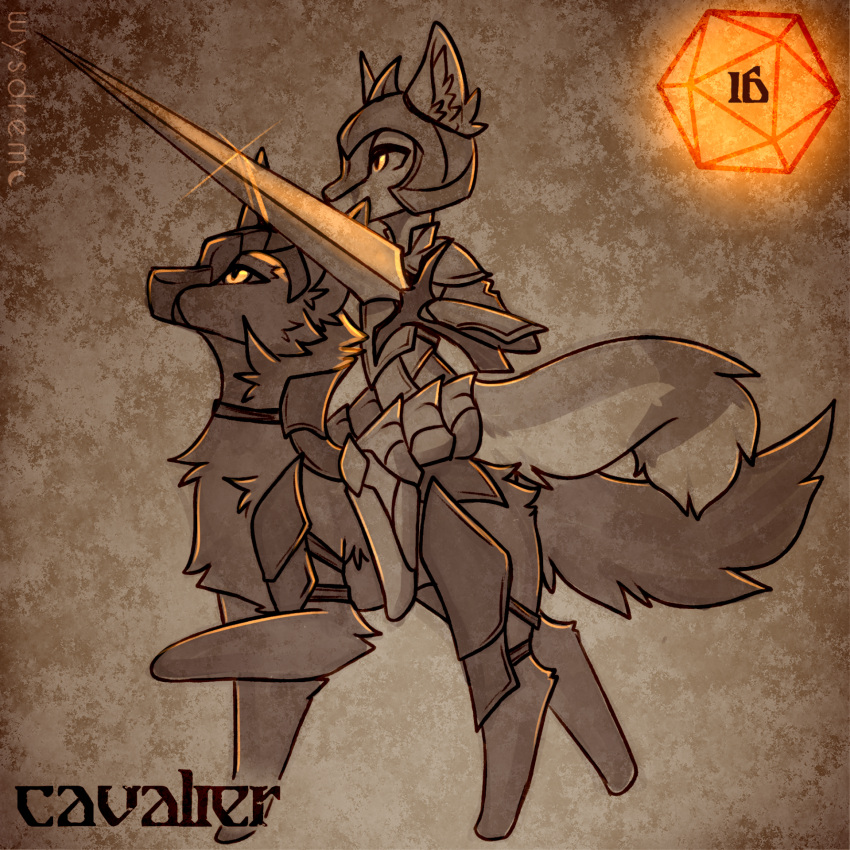 ambiguous_gender anthro armor cavalry dice duo feral halloween headgear helmet hi_res holding_melee_weapon holding_object holding_sword holding_weapon holidays mammal melee_weapon mount orange_eyes sitting sitting_on_another standing sword tail unknown_species weapon wysdrem