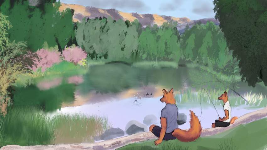 anthro canid canine clothing deepslumber duo female fishing fishing_rod fox fur grass hi_res lake leaf male mammal mountain orange_body orange_fur plant reflection shirt sky snout splash tail topwear tree water