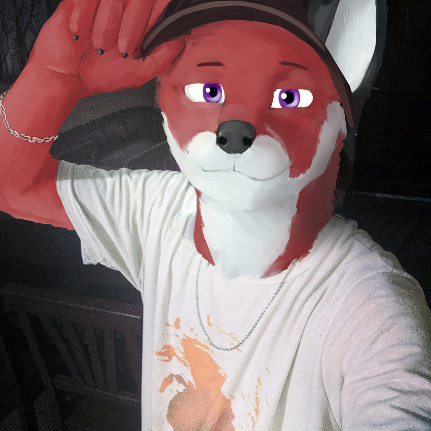 anthro cabura canid canine claws clothing draw_over facial_scar felid feline fox hat headgear headwear hi_res hybrid jewelry male mammal necklace open_mouth pawpads paws scar solo true_fox xfotzy