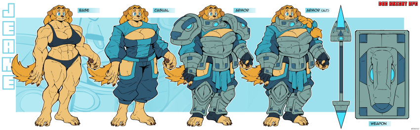 2024 5_fingers 5_toes abs absurd_res anthro armor bird_dog blonde_hair blue_eyes breasts canid canine canis ceehaz character_name cleavage clothed clothing dog_knight_rpg domestic_dog english_text eyebrows feet female fingers golden_retriever hair hi_res humanoid_feet hunting_dog jeane_(ceehaz) long_hair mammal melee_weapon model_sheet muscular muscular_anthro muscular_female plantigrade polearm retriever shield solo spear tail text toes underwear weapon