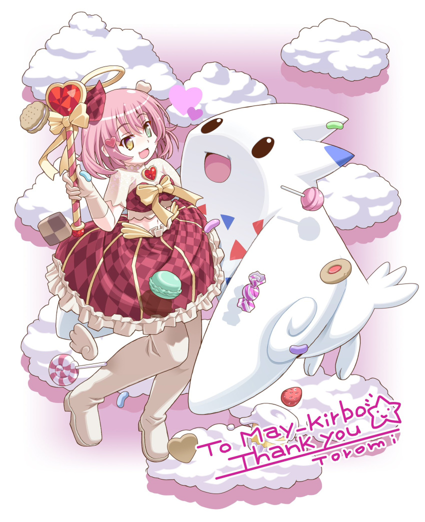 :d artist_name boots bow bowtie breasts cake candy candy_wrapper cartoon_wings checkered_clothes checkered_shirt checkered_skirt cloud commentary_request commission commissioner_name cookie crop_top detached_wings female food frilled_skirt frills fruit full_body gloves green_eyes hair_ornament halo heart heart_hair_ornament heterochromia highres holding holding_wand jelly_bean lollipop low_wings macaron midriff navel open_mouth original pink_hair pokemon pokemon_(creature) raised_eyebrows red_shirt red_skirt shirt short_hair short_sleeves skeb_commission skirt skirt_set smile solo star_(symbol) strawberry swirl_lollipop thank_you thigh_boots togekiss toromi_(toromix2) traditional_halo wand white_footwear white_gloves white_wings wings yellow_bow yellow_bowtie yellow_eyes yellow_halo