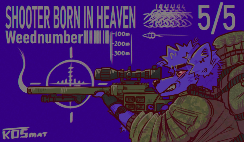 2024 anthro artist_name black_nose blue_background blue_body blue_fur blue_hair bullet camo camo_clothing camo_print camo_shirt camo_topwear canid canine canis cel_shading claws clenched_teeth clock clothed clothing digital_media_(artwork) dvl-10_saboteur english_text eyebrows finger_claws fingerless_gloves fingers fur gloves green_clothing green_shirt green_topwear green_vest grey_clothing grey_fingerless_gloves grey_gloves grey_handwear gun hair half-length_portrait handwear hi_res holding_gun holding_object holding_ranged_weapon holding_rifle holding_weapon inner_ear_fluff kosmat male mammal military open_mouth pattern_clothing pattern_shirt pattern_topwear pink_eyes pink_sclera portrait ranged_weapon rifle scope shaded shirt side_view simple_background smoke sniper_rifle snout soldier solo teeth text topwear tuft vest warrior watch weapon white_text wolf wristwatch