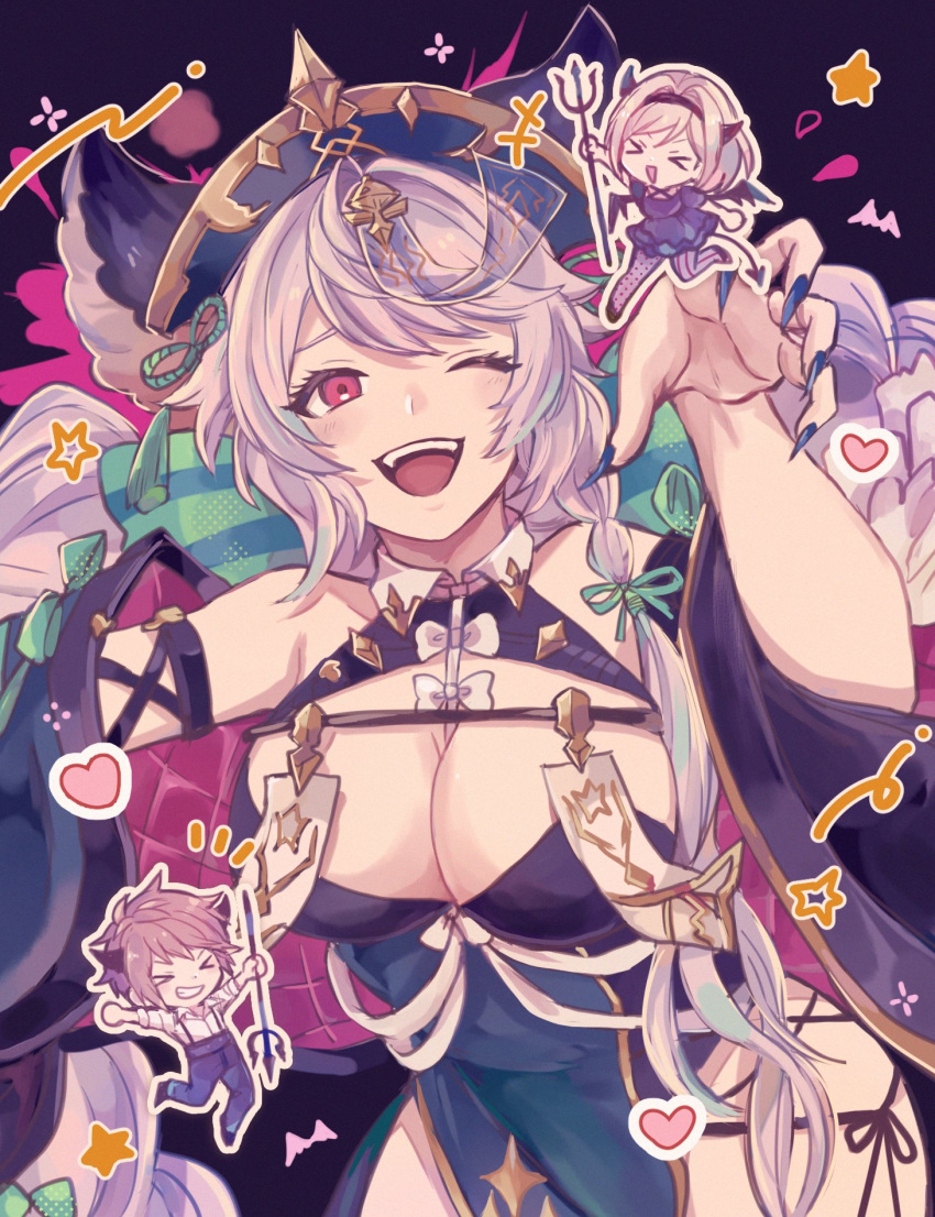 >_< 1boy 2girls animal_ears blonde_hair blue_nails bow braid breasts brown_hair chibi china_dress chinese_clothes cleavage commentary detached_sleeves djeeta_(granblue_fantasy) dress fangs fingernails gran_(granblue_fantasy) granblue_fantasy hairbow halloween_costume highres holding_trident jiangshi jiangshi_costume large_breasts long_hair low_twin_braids multiple_girls official_alternate_costume ofuda ofuda_on_head open_mouth purple_eyes purple_hair satyr_(granblue_fantasy) satyr_(halloween)_(granblue_fantasy) sharp_fingernails shiina_kimagure smile solo_focus twin_braids very_long_fingernails very_long_hair