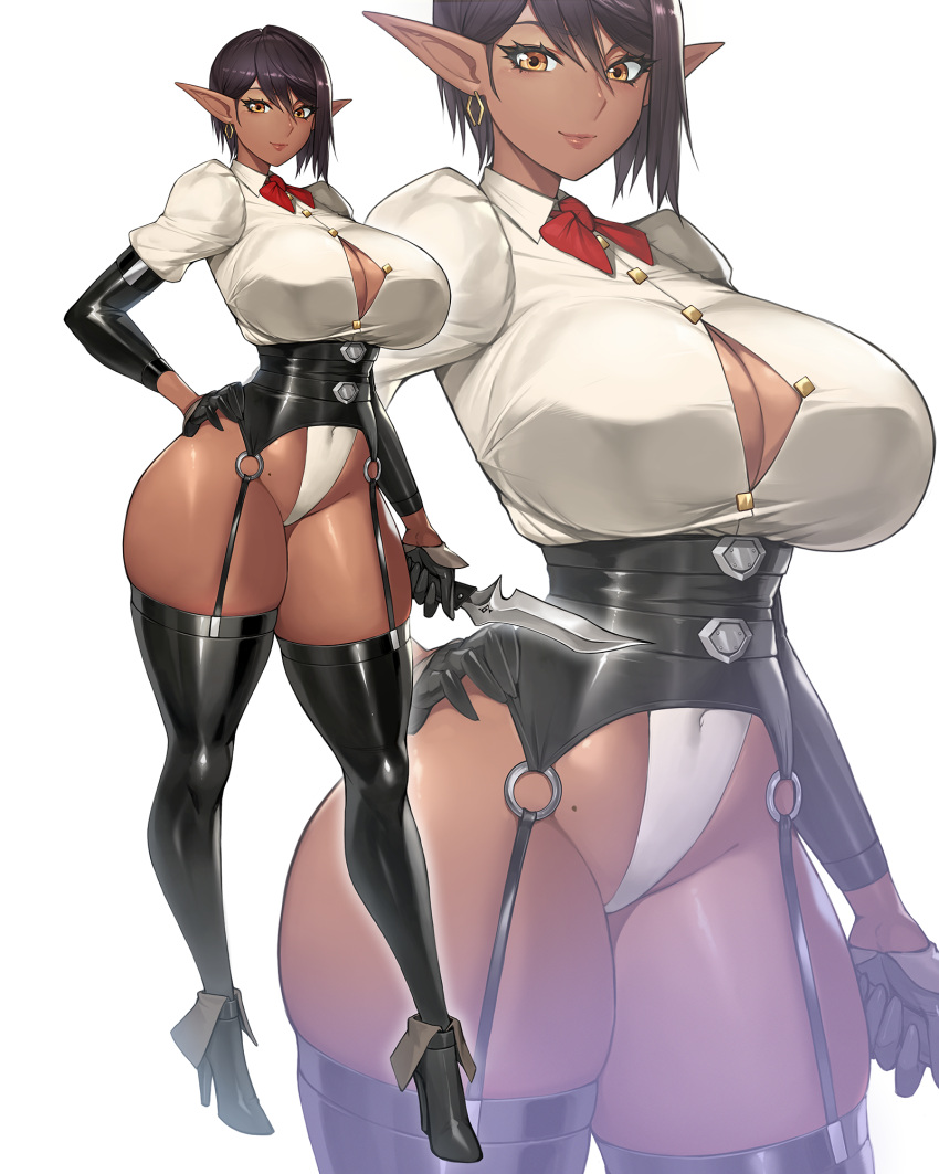 black_footwear black_gloves black_hair black_thighhighs boots breasts brown_eyes cleavage covered_navel dagger dark-skinned_female dark_elf dark_skin earrings elf female full_body gloves groin gurimjang high_heels highres holding holding_dagger holding_knife holding_weapon jewelry knife large_breasts leotard mole original pointy_ears pov pov_hands short_hair simple_background smile thighhighs weapon white_background zoom_layer