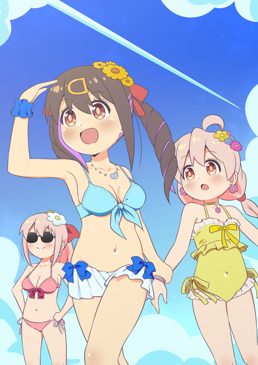 3girls :d :o absurdres ahoge bikini bikini_skirt black_hair blue_bow blue_sky bow breasts cloud commentary contrail covered_navel day drill_hair earrings flower flower_earrings frilled_one-piece_swimsuit frills front-tie_bikini_top front-tie_top hair_between_eyes hair_flower hair_ornament hair_ribbon hairclip hand_on_own_hip heart heart_necklace highres holding_another's_wrist jewelry light_blush long_hair low_twintails medium_breasts mother_and_daughter multicolored_hair multiple_girls navel necklace one-piece_swimsuit onii-chan_wa_oshimai! open_mouth outdoors oyama_mahiro oyama_matsuri oyama_mihari pink_bikini pink_hair ponytail purple_hair red_ribbon ribbon scrunchie siblings side-tie_bikini_bottom sisters sky smile stomach sunglasses swimsuit twin_drills twintails two-tone_hair wakata24s wrist_scrunchie yellow_one-piece_swimsuit