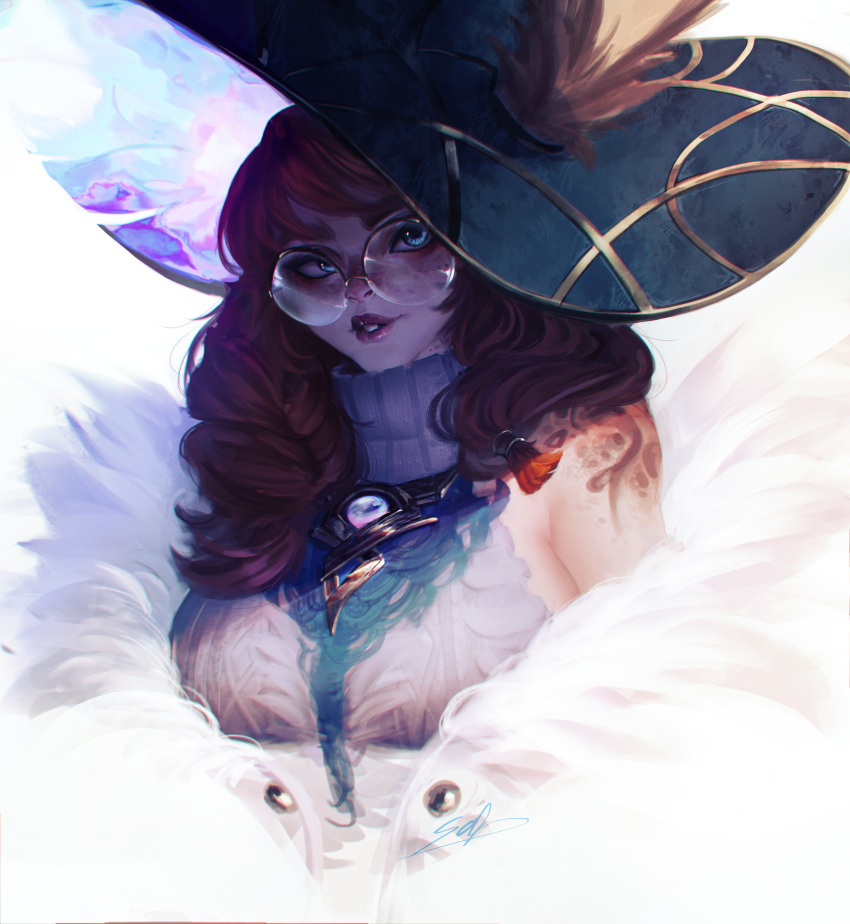 absurdres animal_ears aurora_(league_of_legends) breasts colored_skin female glasses hat highres large_breasts league_of_legends multicolored_skin rabbit_ears red_lips red_skin round_eyewear smile solo sophyucha teeth two-tone_skin upper_body witch_hat