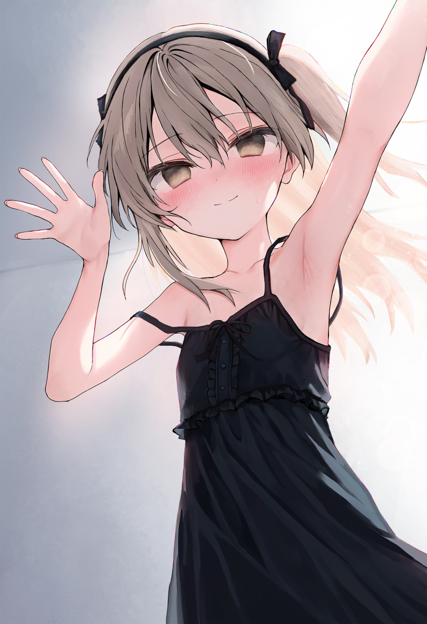 absurdres armpits black_dress black_hairband black_ribbon blush breasts brown_eyes brown_hair closed_mouth commentary dress embarrassed empty_eyes female fingernails floating_hair frilled_dress frills from_below girls_und_panzer h.yasai hair_between_eyes hair_ribbon hairband hand_up highres long_fingernails long_hair looking_at_viewer one_side_up outstretched_arm ribbon shimada_arisu sleeveless sleeveless_dress small_breasts smile solo split_mouth strap_slip sweat symbol-only_commentary upper_body waving