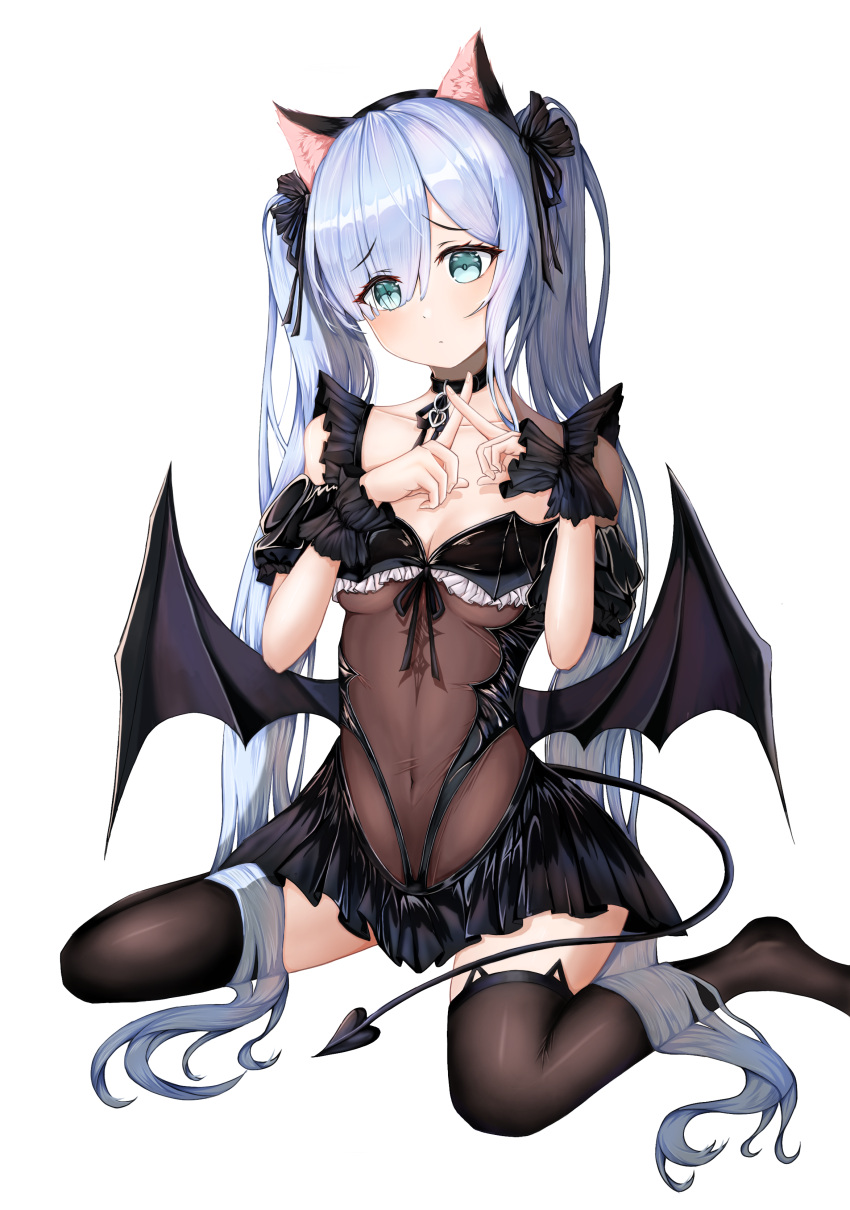 absurdres animal_ears aqua_eyes azur_lane black_leotard black_thighhighs blue_hair breasts cat_ears cleavage covered_navel demon_tail demon_wings fake_animal_ears female halloween_costume highres janus_(azur_lane) janus_(fright-night_scaredy-cat)_(azur_lane) leotard long_hair looking_at_viewer nanfeng7477 official_alternate_costume simple_background sitting small_breasts solo tail thighhighs twintails very_long_hair wariza white_background wings