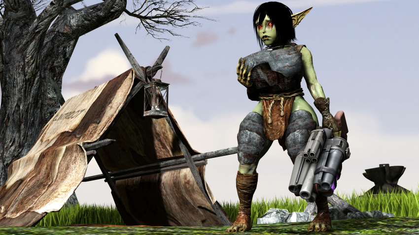 3d_(artwork) absurd_res anvil armor bethesda_game_studios big_breasts black_hair bottomwear breasts campfire claws clintr007 clothing digital_media_(artwork) dog_tags female finger_claws gender_transformation goblin goblin_female green_body green_skin hair hammer hi_res holding_object holding_weapon humanoid humanoid_pointy_ears implied_transformation loincloth microsoft mtf_crossgender mtf_transformation red_eyes rule_63 self_grope short_stack signature skyrim source_filmmaker_(artwork) tent the_elder_scrolls tools torrent_j._braddock_(clintr007) transformation weapon