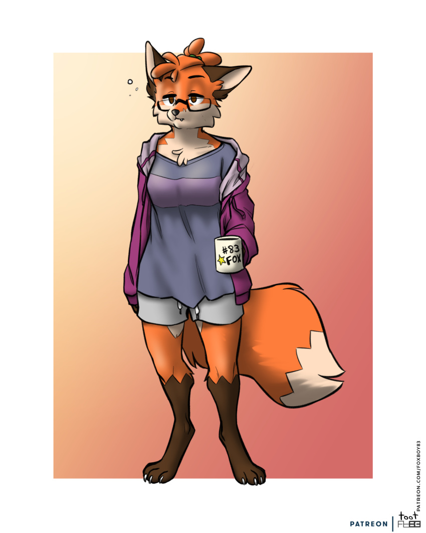 anthro barefoot black_nose bottomwear breasts brown_eyes brown_markings canid canine cheek_tuft chest_tuft clothed clothing colored container cup digital_media_(artwork) digitigrade dipstick_tail eyewear facial_tuft feet female fox foxboy83 foxgirl83 full-length_portrait fur glasses gloves_(marking) grey_bottomwear grey_clothing grey_shorts hair hi_res holding_container holding_cup holding_mug holding_object inner_ear_fluff jacket leg_markings mammal markings mug open_clothing open_jacket open_topwear orange_body orange_fur orange_hair portrait purple_clothing purple_jacket purple_shirt purple_topwear red_fox shaded shirt shorts simple_background snaggle_tooth socks_(marking) solo standing tail tail_markings tied_hair tired tired_eyes tootaloo topwear true_fox tuft white_body white_fur