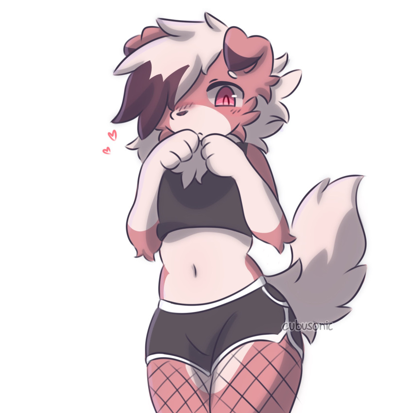 ambiguous_gender anthro bottomwear brown_hair clothing crop_top cubusonic fishnet_clothing fishnet_legwear fur generation_7_pokemon hair hair_over_eye heart_symbol hi_res hotpants legwear looking_at_viewer lycanroc midnight_lycanroc midriff multicolored_body multicolored_fur multicolored_hair navel nintendo pokemon pokemon_(species) red_body red_eyes red_fur shirt shorts shy simple_background solo topwear white_background white_body white_fur white_hair