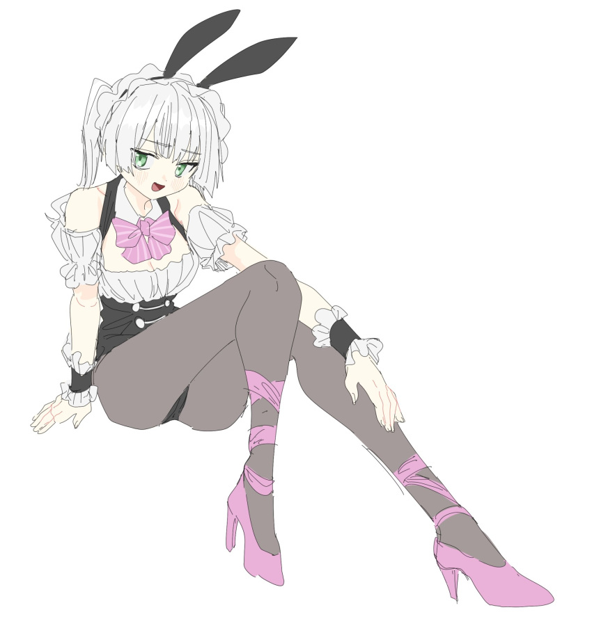 animal_ears benbe black_pantyhose blunt_bangs bow detached_collar fake_animal_ears frills green_eyes heaven_burns_red high_heels highres nontraditional_playboy_bunny pantyhose playboy_bunny purple_bow rabbit_ears sugawara_chie twintails