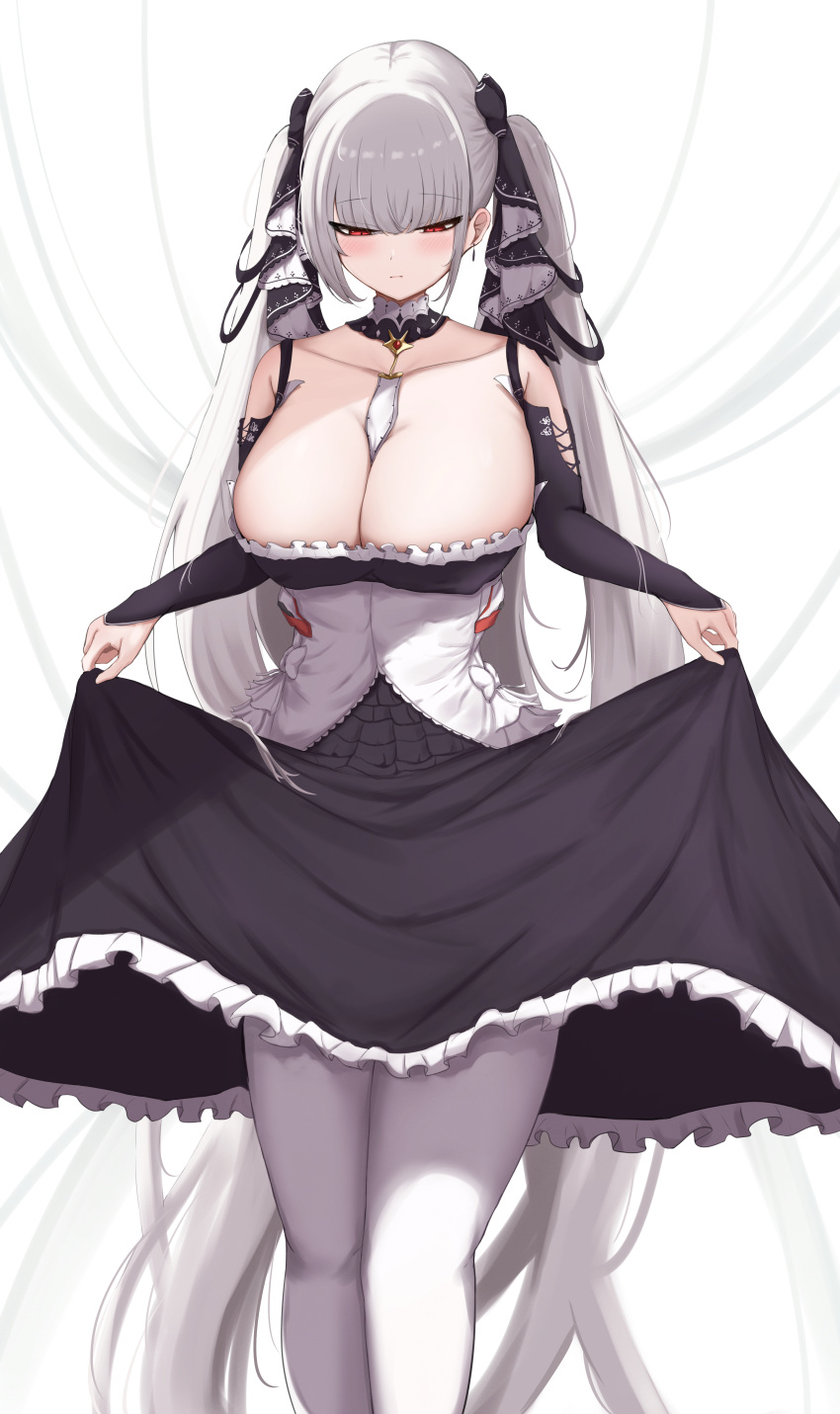 absurdres azur_lane bare_shoulders between_breasts black_dress breasts cleavage commentary curtsey dress earrings expressionless feet_out_of_frame female formidable_(azur_lane) frilled_dress frills grey_hair hair_ribbon highres jewelry large_breasts long_hair long_sleeves looking_at_viewer necktie necktie_between_breasts pantyhose red_eyes ribbon samidarekinoko sidelocks simple_background skirt_hold solo standing twintails two-tone_ribbon very_long_hair white_background white_pantyhose