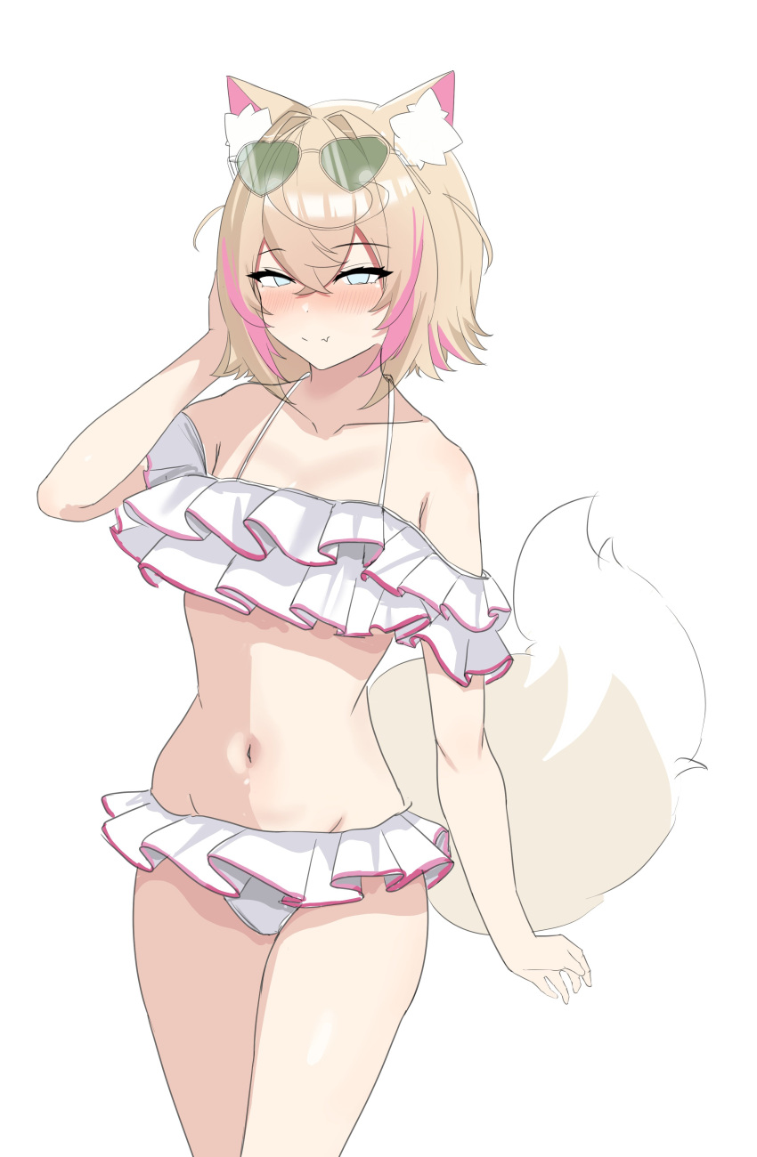 absurdres animal_ear_fluff animal_ears bikini blonde_hair blush breasts dog_ears dog_girl dog_tail female frilled_bikini frills highres hololive hololive_english looking_at_viewer mococo_abyssgard multicolored_hair navel oerba_yun_fang pink_hair sasaki_ikuya skin_fang small_breasts smile solo streaked_hair swimsuit tail virtual_youtuber white_background white_bikini