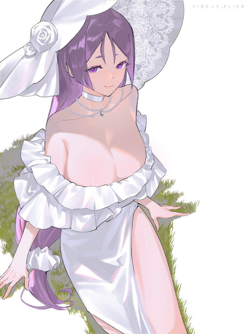 alternate_costume artist_name bare_shoulders breasts choker closed_mouth collarbone commentary_request dress fate/grand_order fate_(series) female grass hair_ornament hair_scrunchie hat highres jewelry large_breasts long_hair looking_at_viewer minamoto_no_raikou_(fate) necklace purple_eyes purple_hair scrunchie siho_is_alien sitting smile solo strapless strapless_dress very_long_hair white_background white_choker white_dress white_hat white_scrunchie