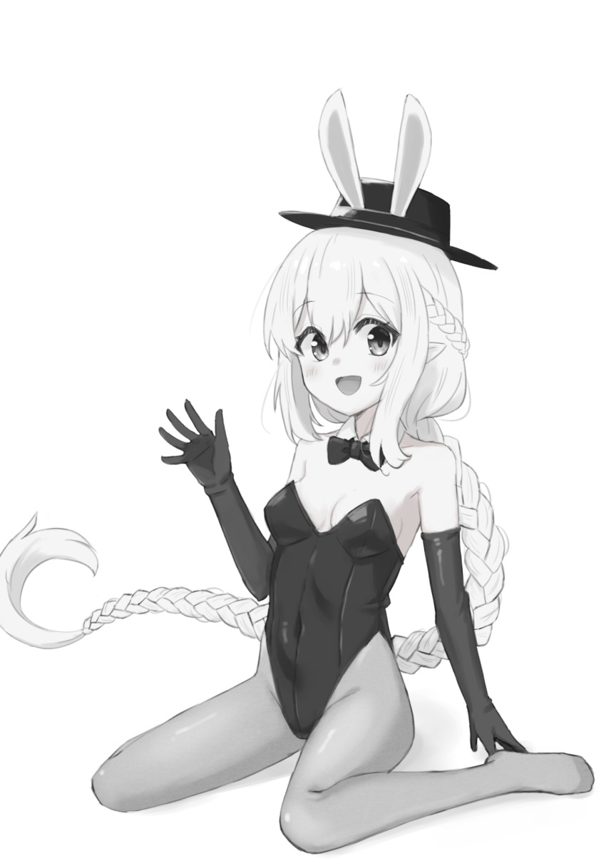 animal_ears blush bow bowtie braid braided_ponytail breasts covered_navel elbow_gloves fake_animal_ears female gloves greyscale hat highres kuramoto_takato leotard machikado_mazoku monochrome nayuta_suika open_mouth pantyhose playboy_bunny pointy_ears ponytail rabbit_ears simple_background small_breasts smile solo