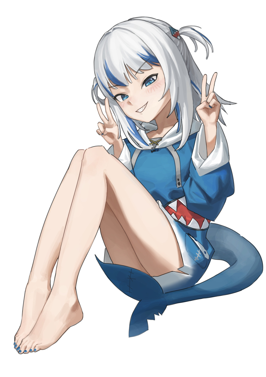 absurdres an_yb barefoot blue_eyes blue_hair blue_hoodie blue_nails female fins fish_tail gawr_gura grey_hair hair_ornament highres hololive hololive_english hood hoodie knees_up multicolored_hair shark_girl shark_hair_ornament shark_tail sharp_teeth simple_background solo streaked_hair tail teeth virtual_youtuber white_background