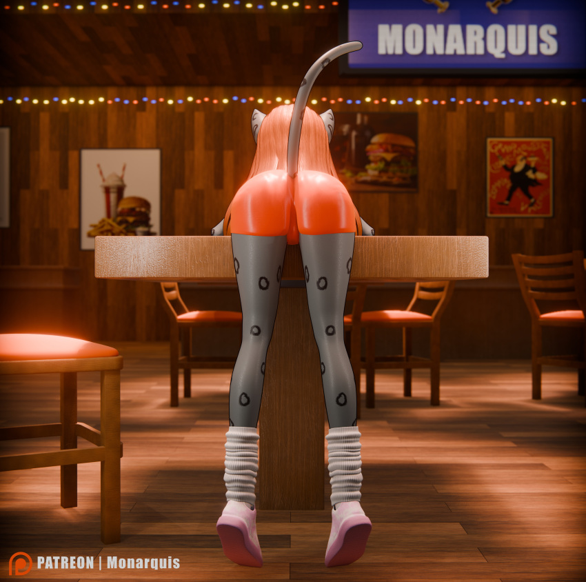 3d_(artwork) absurd_res anthro ass clothing digital_media_(artwork) felid female footwear hi_res hooters hooters_uniform mammal momo_(monarquis) monarquis pantherine snow_leopard socks solo