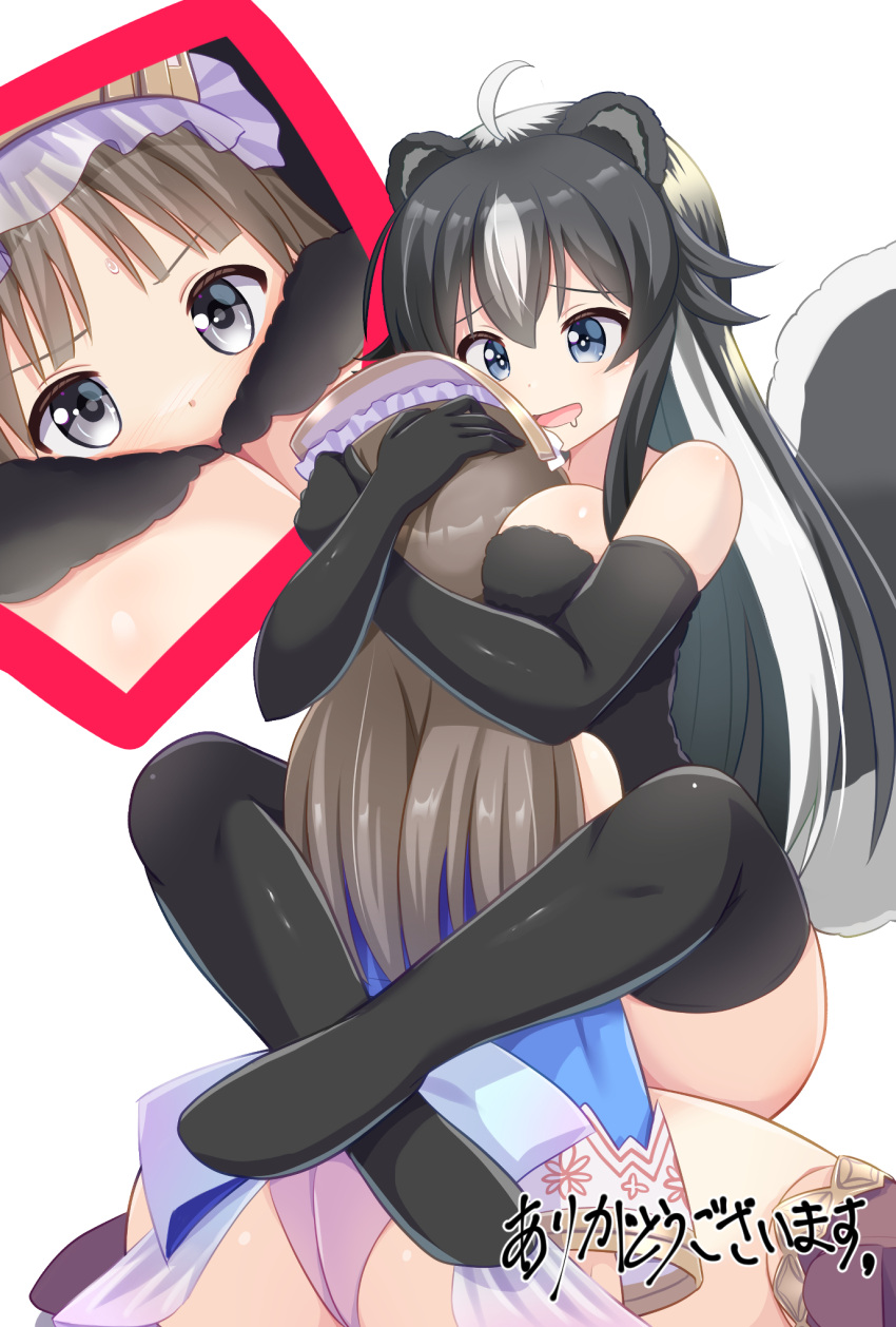 2girls ahoge animal_ears ass atelier_(series) atelier_totori between_breasts black_gloves black_hair black_shirt black_thighhighs blue_dress blue_eyes boots breasts brown_hair character_request cleavage clothes_lift commission dress dress_lift drooling elbow_gloves face_between_breasts gloves grey_eyes hands_on_another's_head head_between_breasts highres hug large_breasts leg_wrap legs leotard lifting_another's_clothes long_hair mogura2009 multicolored_hair multiple_girls open_mouth pink_leotard saliva shirt sitting skeb_commission skunk_ears skunk_girl skunk_tail smile tail thigh_boots thighhighs thighs totooria_helmold two-tone_hair white_hair