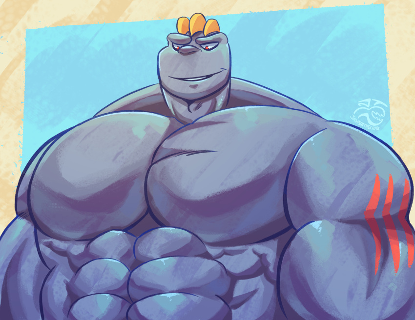 abs bust_portrait generation_1_pokemon grey_body grin hi_res jasperthecrab machoke male markings muscular muscular_male nintendo pecs pokemon pokemon_(species) portrait red_markings simple_background smile solo