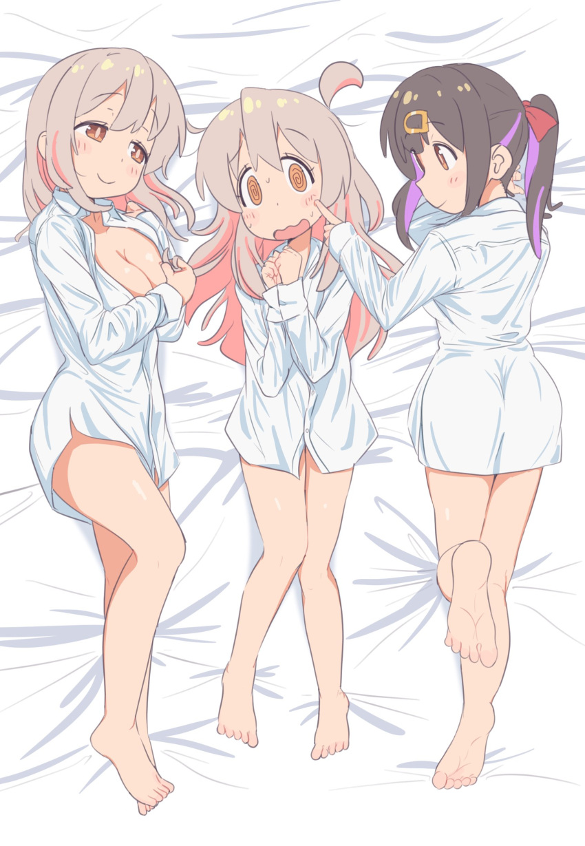 3girls 4uyh @_@ absurdres ahoge barefoot bed_sheet black_hair bottomless breasts brown_eyes cheek_poking cleavage colored_inner_hair commentary dot_nose dress_shirt embarrassed feet foot_up full_body grey_hair hair_ornament hair_ribbon hairclip highres large_breasts light_blush long_hair long_sleeves looking_at_another lying matching_outfits mother_and_daughter multicolored_hair multiple_girls naked_shirt on_back on_side on_stomach onii-chan_wa_oshimai! open_mouth orange_eyes own_hands_together oyama_mahiro oyama_matsuri oyama_mihari pink_hair poking purple_hair red_ribbon ribbon shirt siblings sisters smile soles toes twintails two-tone_hair wavy_mouth white_shirt wing_collar