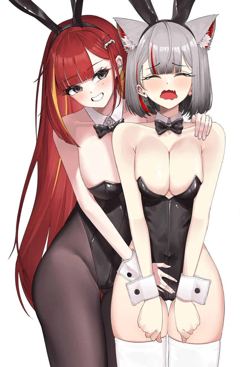 2girls absurdres akane_lize animal_ears bare_shoulders black_eyes black_pantyhose blunt_bangs blush bow bowtie breasts cleavage clenched_hands closed_eyes detached_collar ear_piercing fake_animal_ears grey_hair grin hand_on_another's_shoulder highres long_hair medium_breasts mikelee0614 mole mole_under_eye multicolored_hair multiple_girls neneko_mashiro open_mouth pantyhose piercing playboy_bunny rabbit_ears red_hair short_hair simple_background smile stellive tears two-tone_hair virtual_youtuber white_background white_hair wrist_cuffs