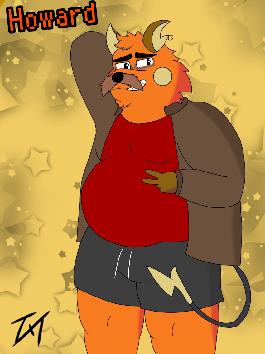 2024 anthro belly bottomwear clothing facial_hair fan_character generation_1_pokemon hi_res male mature_male moustache nintendo orange_body overweight overweight_male pokemon pokemon_(species) raichu shirt shorts solo tokerutrash topwear